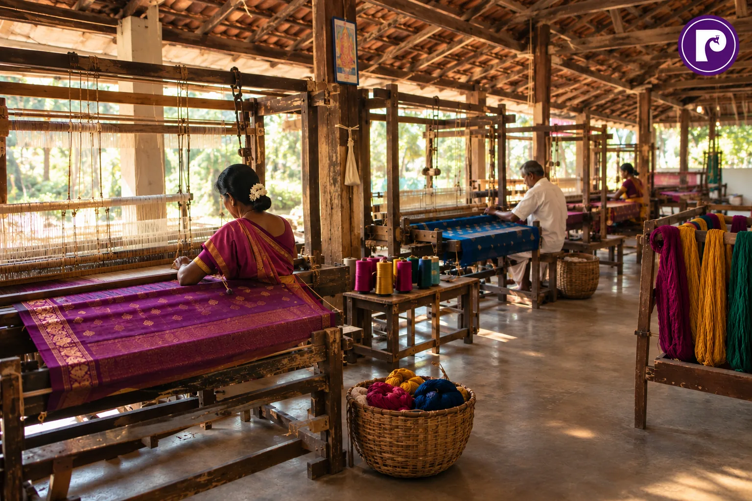 Master weaver working at a traditional Indian handloom for Pratyagra Silks