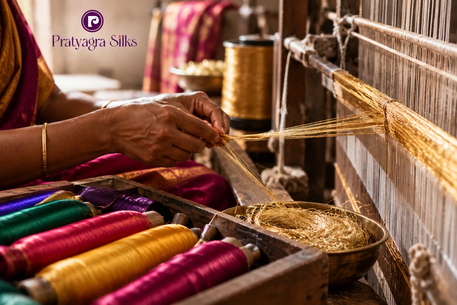 Pure silk and zari threads used in traditional saree weaving