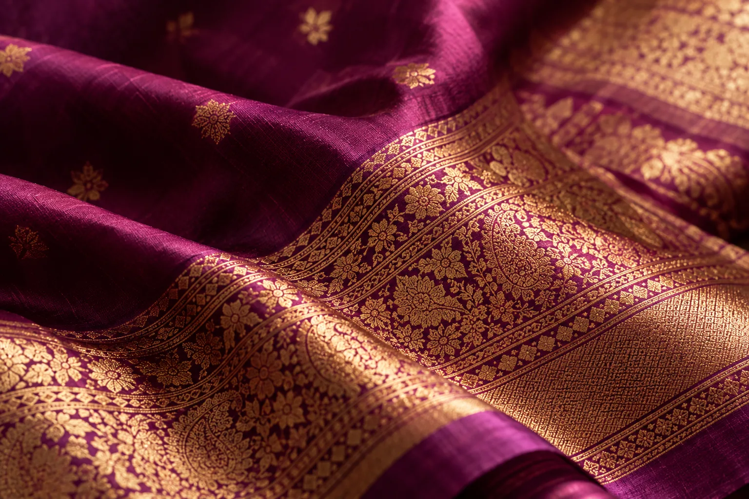 Close-up of pure silk and detailed zari weaving on a handwoven saree
