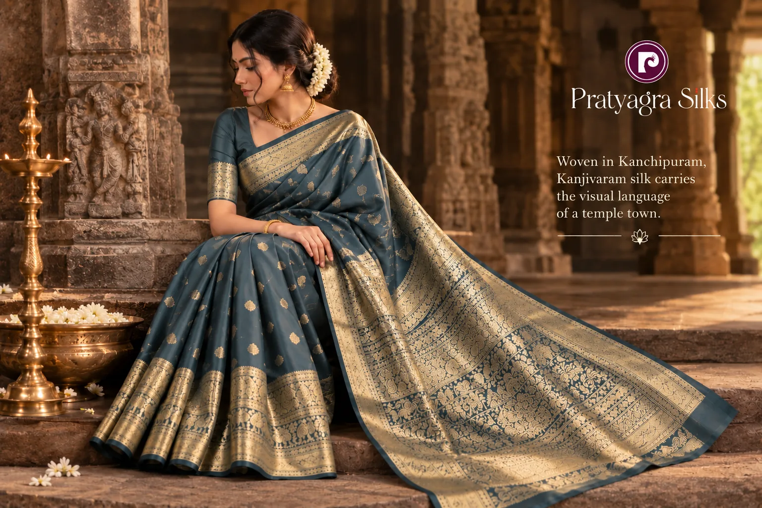 Traditional Kanjivaram silk saree from Kanchipuram with woven zari border