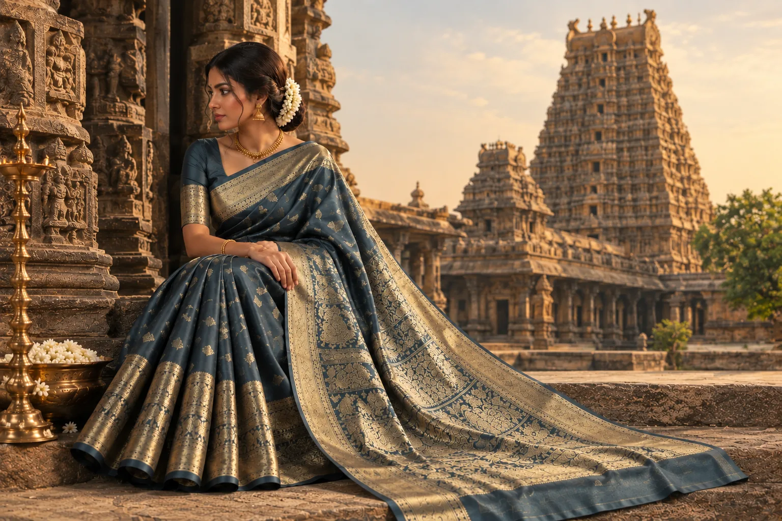 Kanchipuram temple architecture and traditional Kanjivaram silk saree