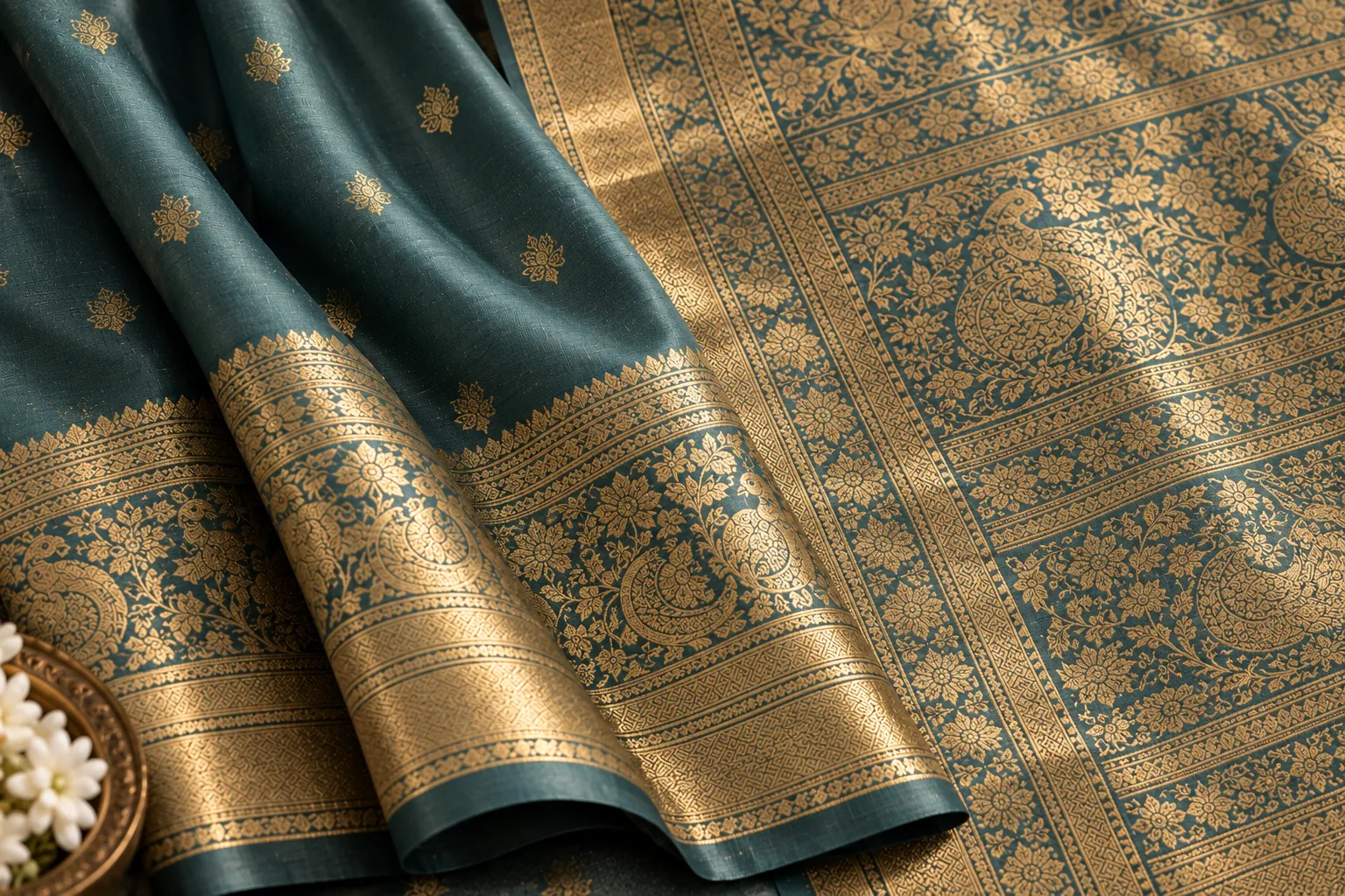 Close-up of traditional Kanjivaram silk saree border and zari motifs